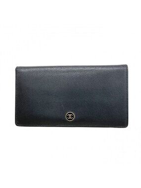Chanel Wallet Coco Button Leather Black Gold